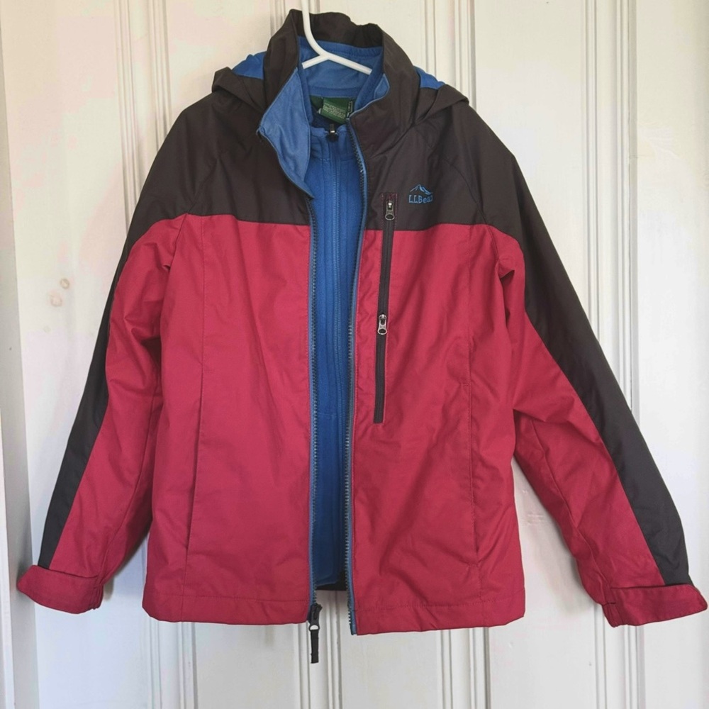L.L. Bean pink (magenta) and dark gray shell with blue zip up fleece